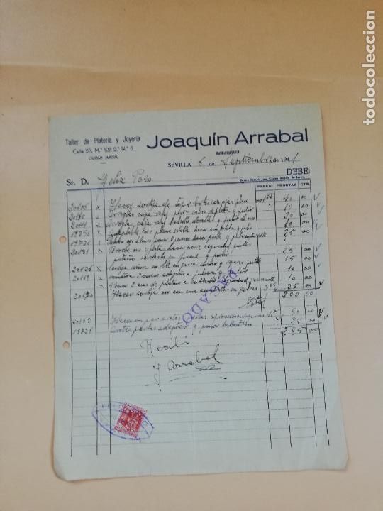 Factures anciennes: FACTURA. TALLER DE PLATERIA Y JOYERIA. JOAQUIN ARRABAL. SEVILLA, 1941.
