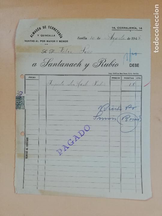 Factures anciennes: FACTURA. ALMACEN DE FERRETERIA. SANTANACH Y RUBIO. SEVILLA, 1945.
