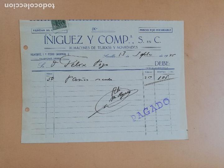 Factures anciennes: FACTURA. ALMACENES DE TEJIDOS Y NOVEDADES. I&Ntilde;IGUEZ Y COMP&ordf;.S.C. SEVILLA, 1945.