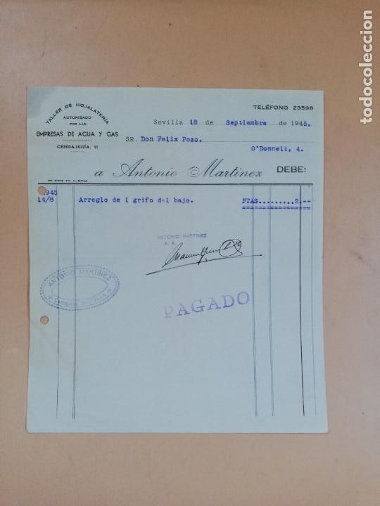 Factures anciennes: FACTURA. TALLER DE HOJALATERIA. ANTONIO MARTINEZ. SEVILLA, 1945.