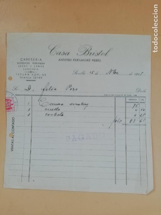 Factures anciennes: FACTURA. CAMISERIA. CASA BRISTOL. ANTONIO FERNANDEZ PEREZ. SEVILLA, 1945.