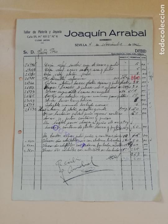 Factures anciennes: FACTURA. TALLER DE PLATERIA Y JOYERIA. JOAQUIN ARRABAL. SEVILLA, 1942.