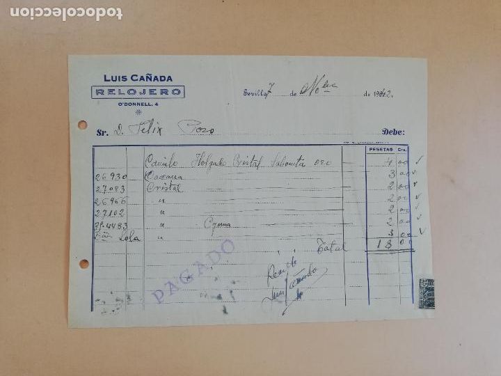 Factures anciennes: FACTURA. RELOJERO. LUIS CA&Ntilde;ADA. SEVILLA, 1942.