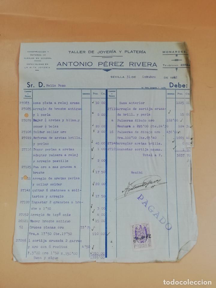 Factures anciennes: FACTURA. TALLER DE JOYERIA Y PLATERIA. ANTONIO PEREZ RIVERA. SEVILLA, 1942.