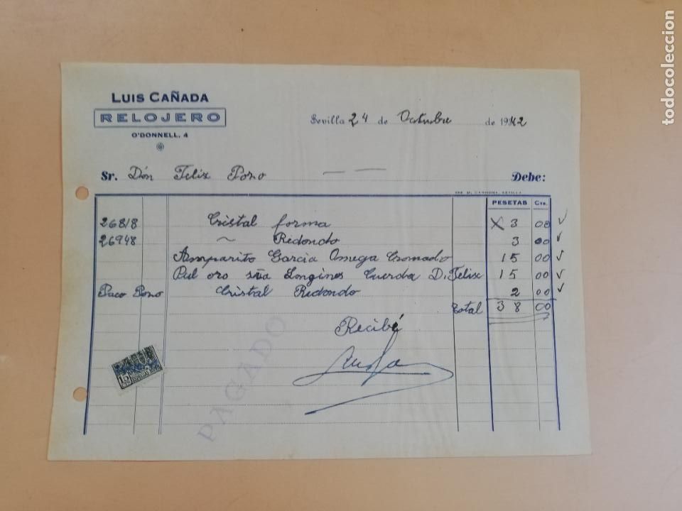 Factures anciennes: FACTURA. RELOJERO. LUIS CA&Ntilde;ADA. SEVILLA, 1942.