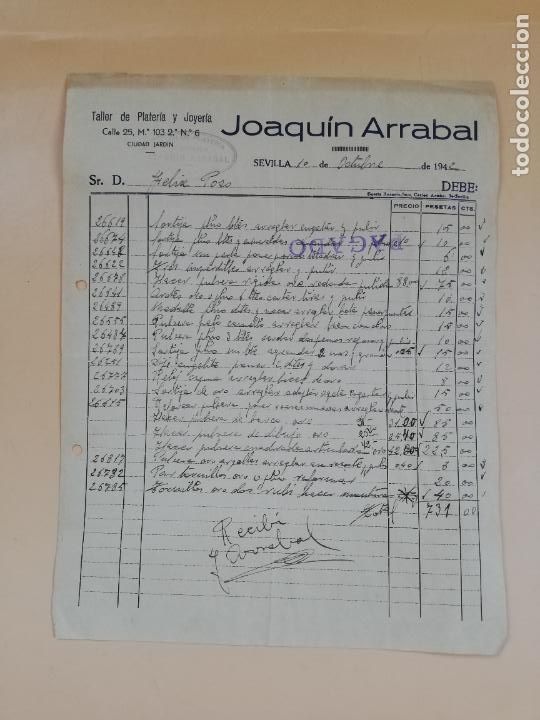 Factures anciennes: FACTURA. TALLER DE PLATERIA Y JOYERIA. JOAQUIN ARRABAL. SEVILLA, 1942.