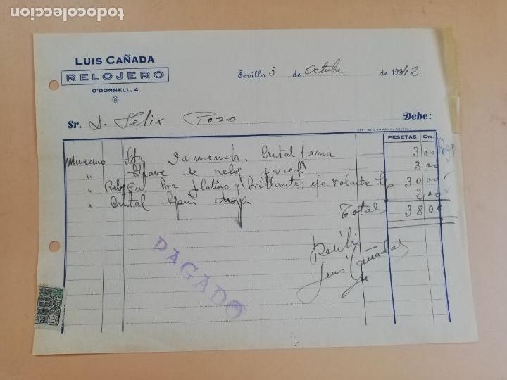 Factures anciennes: FACTURA. RELOJERO. LUIS CA&Ntilde;ADA. SEVILLA, 1942.