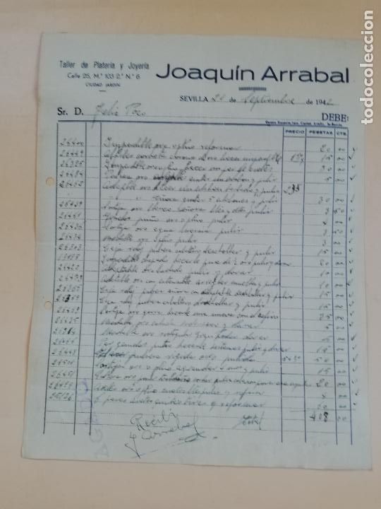 Facturas antiguas: FACTURA. TALLER DE PLATERIA Y JOYERIA. JOAQUIN ARRABAL. SEVILLA, 1942.
