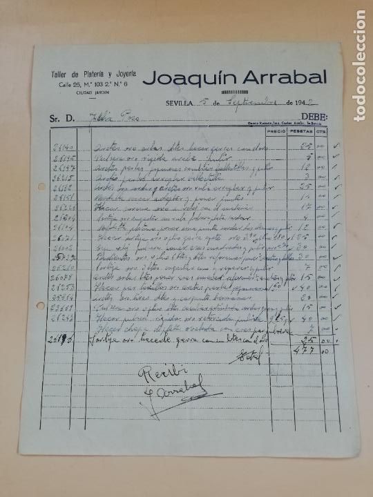Facturas antiguas: FACTURA. TALLER DE PLATERIA Y JOYERIA. JOAQUIN ARRABAL. SEVILLA, 1942.
