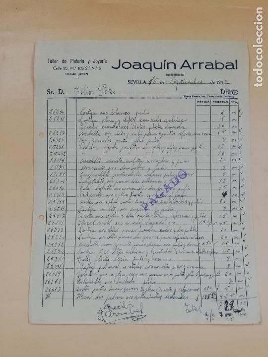 Facturas antiguas: FACTURA. TALLER DE PLATERIA Y JOYERIA. JOAQUIN ARRABAL. SEVILLA, 1942.