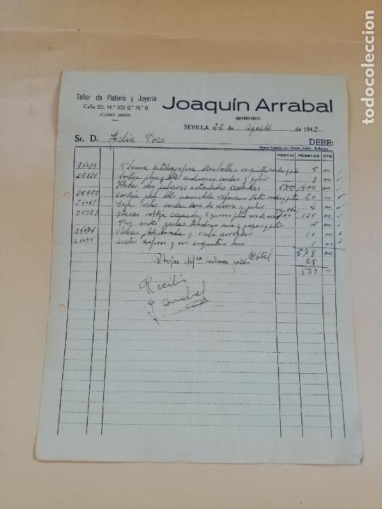 Facturas antiguas: FACTURA. TALLER DE PLATERIA Y JOYERIA. JOAQUIN ARRABAL. SEVILLA, 1942.