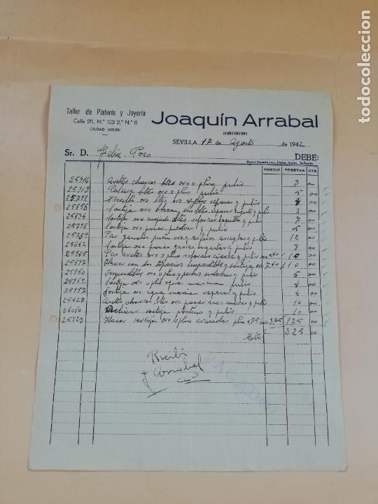 Facturas antiguas: FACTURA. TALLER DE PLATERIA Y JOYERIA. JOAQUIN ARRABAL. SEVILLA, 1942.