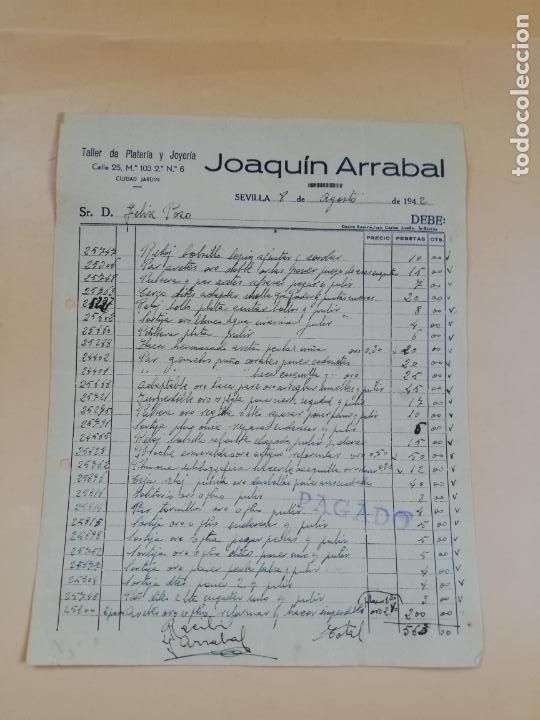 Facturas antiguas: FACTURA. TALLER DE PLATERIA Y JOYERIA. JOAQUIN ARRABAL. SEVILLA, 1942.