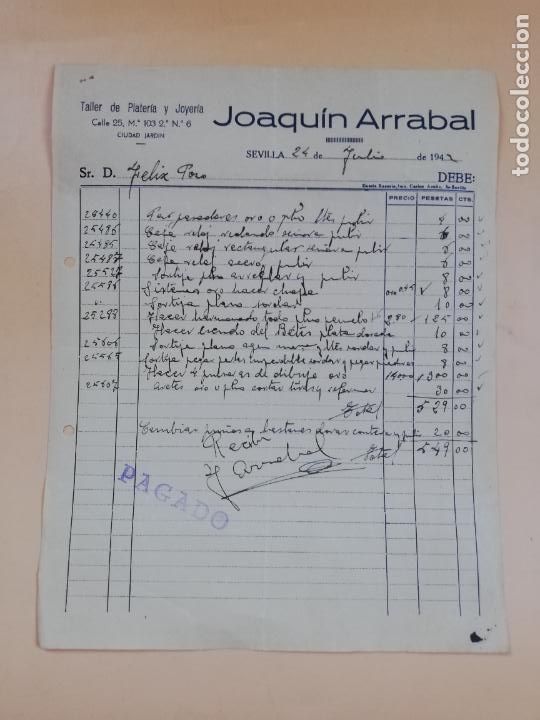 Facturas antiguas: FACTURA. TALLER DE PLATERIA Y JOYERIA. JOAQUIN ARRABAL. SEVILLA, 1942.