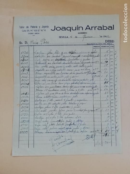 Facturas antiguas: FACTURA. TALLER DE PLATERIA Y JOYERIA. JOAQUIN ARRABAL. SEVILLA, 1942.