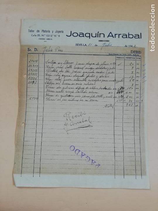 Facturas antiguas: FACTURA. TALLER DE PLATERIA Y JOYERIA. JOAQUIN ARRABAL. SEVILLA, 1942.