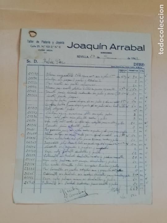 Facturas antiguas: FACTURA. TALLER DE PLATERIA Y JOYERIA. JOAQUIN ARRABAL. SEVILLA, 1942.
