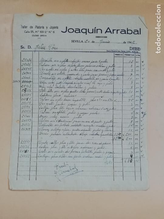 Facturas antiguas: FACTURA. TALLER DE PLATERIA Y JOYERIA. JOAQUIN ARRABAL. SEVILLA, 1942.