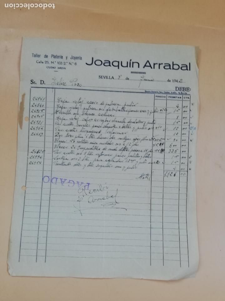 Facturas antiguas: FACTURA. TALLER DE PLATERIA Y JOYERIA. JOAQUIN ARRABAL. SEVILLA, 1942.