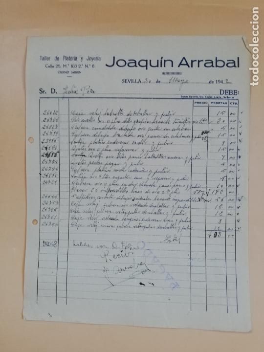 Facturas antiguas: FACTURA. TALLER DE PLATERIA Y JOYERIA. JOAQUIN ARRABAL. SEVILLA, 1942.