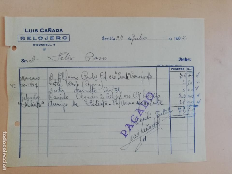 Facturas antiguas: FACTURA. RELOJERO. LUIS CA&Ntilde;ADA. SEVILLA, 1942.