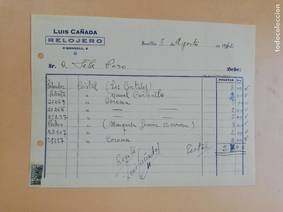 Facturas antiguas: FACTURA. RELOJERO. LUIS CA&Ntilde;ADA. SEVILLA, 1942.