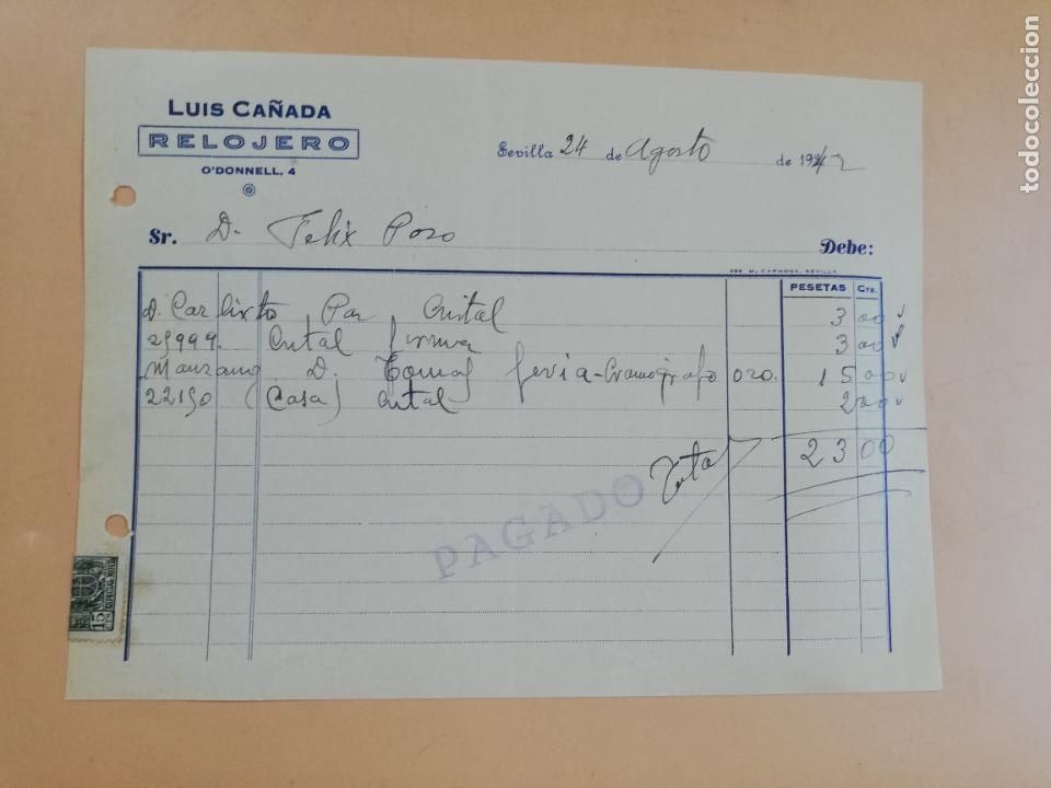 Facturas antiguas: FACTURA. RELOJERO. LUIS CA&Ntilde;ADA. SEVILLA, 1942.