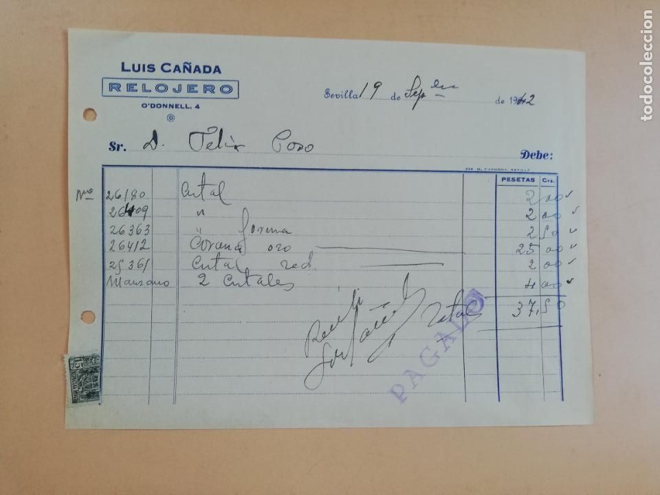 Facturas antiguas: FACTURA. RELOJERO. LUIS CA&Ntilde;ADA. SEVILLA, 1942.