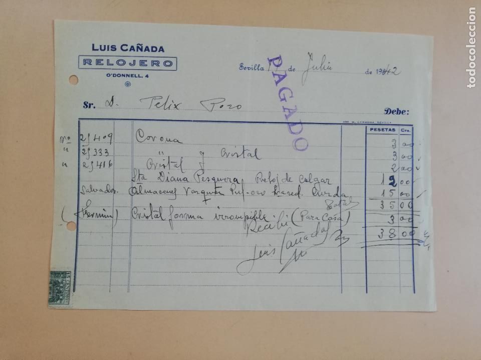 Facturas antiguas: FACTURA. RELOJERO. LUIS CA&Ntilde;ADA. SEVILLA, 1942.