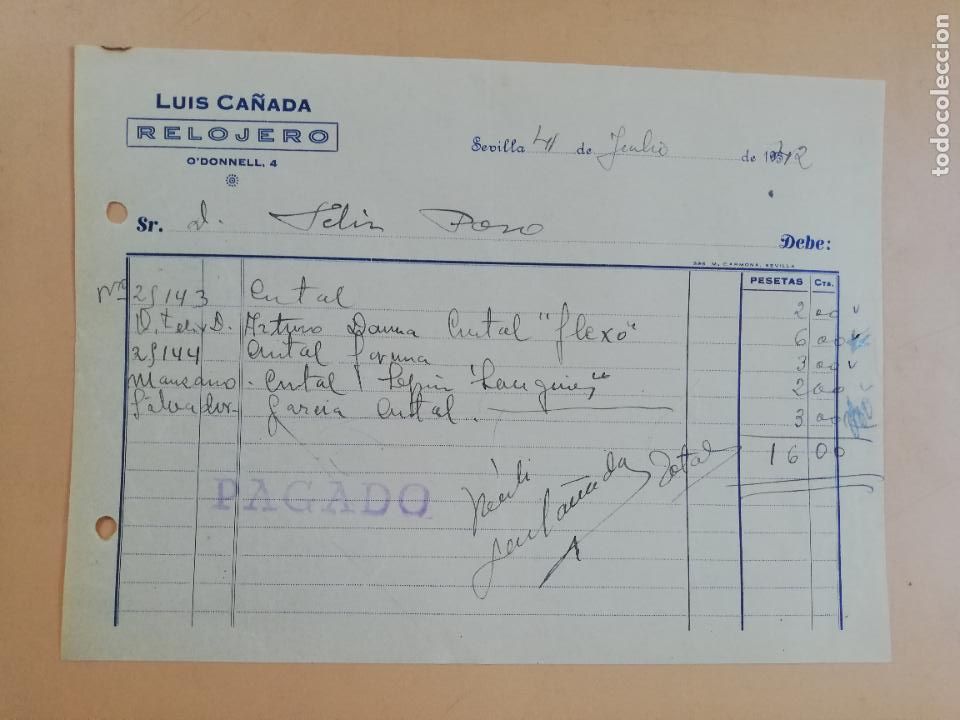 Facturas antiguas: FACTURA. RELOJERO. LUIS CA&Ntilde;ADA. SEVILLA, 1942.