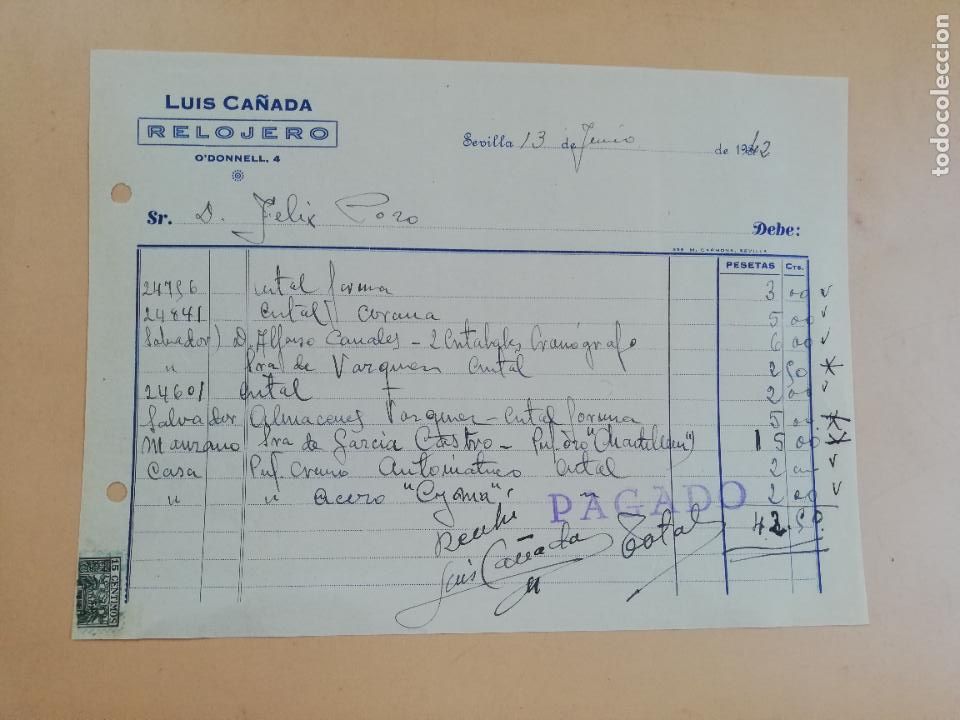 Facturas antiguas: FACTURA. RELOJERO. LUIS CA&Ntilde;ADA. SEVILLA, 1942.