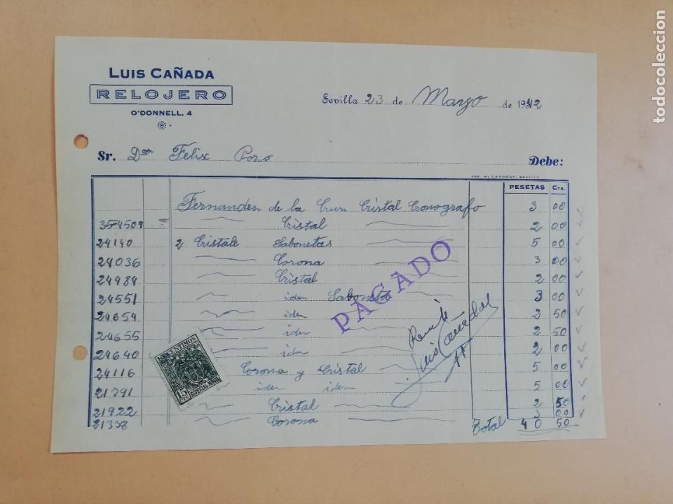 Facturas antiguas: FACTURA. RELOJERO. LUIS CA&Ntilde;ADA. SEVILLA, 1942.