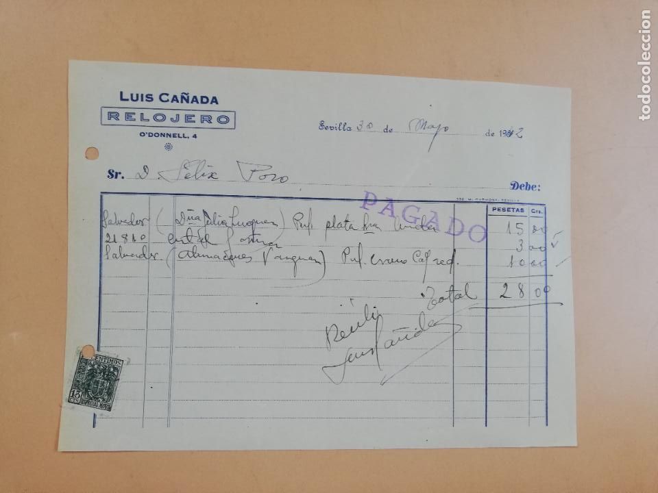 Facturas antiguas: FACTURA. RELOJERO. LUIS CA&Ntilde;ADA. SEVILLA, 1942.
