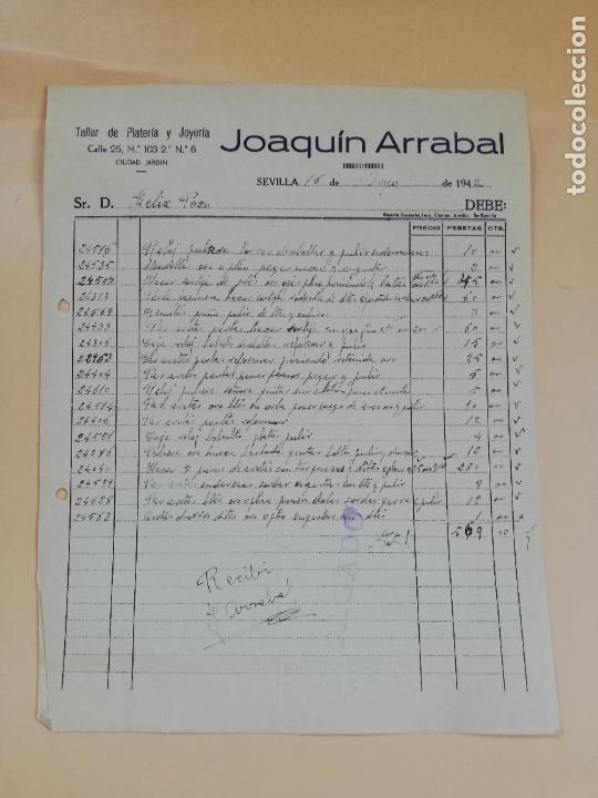 Facturas antiguas: FACTURA. TALLER DE PLATERIA Y JOYERIA. JOAQUIN ARRABAL. SEVILLA, 1942.