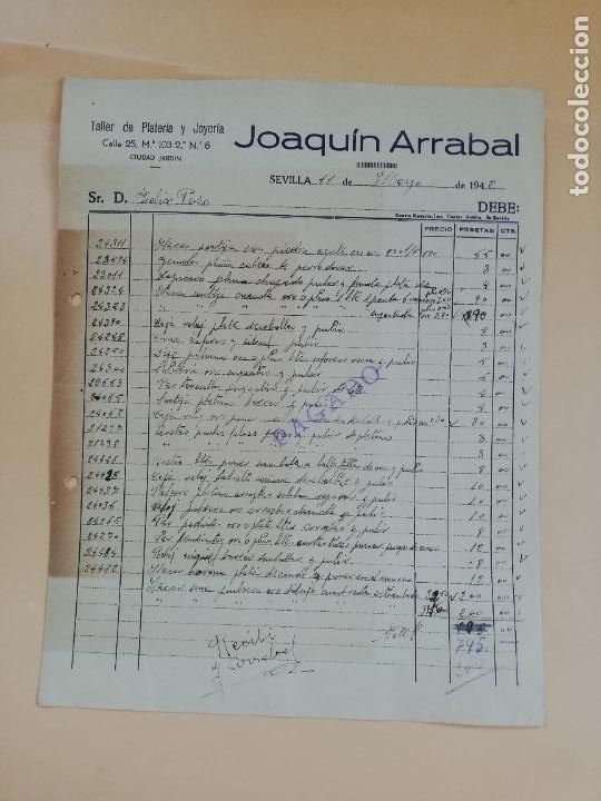 Facturas antiguas: FACTURA. TALLER DE PLATERIA Y JOYERIA. JOAQUIN ARRABAL. SEVILLA, 1942.