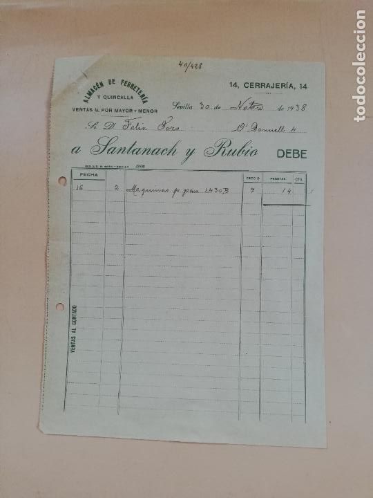 Facturas antiguas: FACTURA. ALMACEN DE FERRETERIA. SANTANACH Y RUBIO. SEVILLA, 1938.