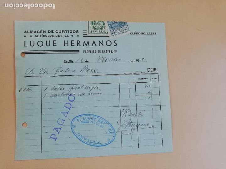 Facturas antiguas: FACTURA. ALMACEN DE CURTIDOS. ARTICULOS DE PIEL. LUQUE HERMANOS. SEVILLA, 1938.
