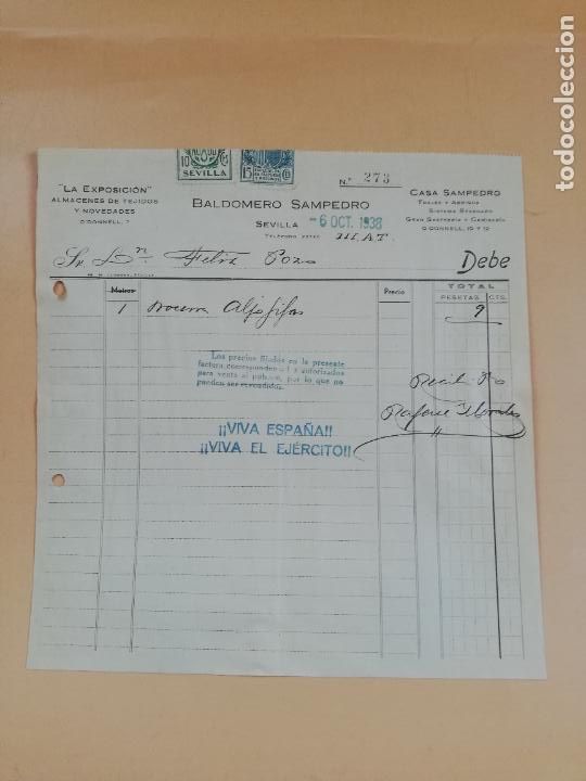 Facturas antiguas: FACTURA. ALMACENES DE TEJIDOS. LA EXPOSICION. BALDOMERO SAMPEDRO. SEVILLA, 1938.