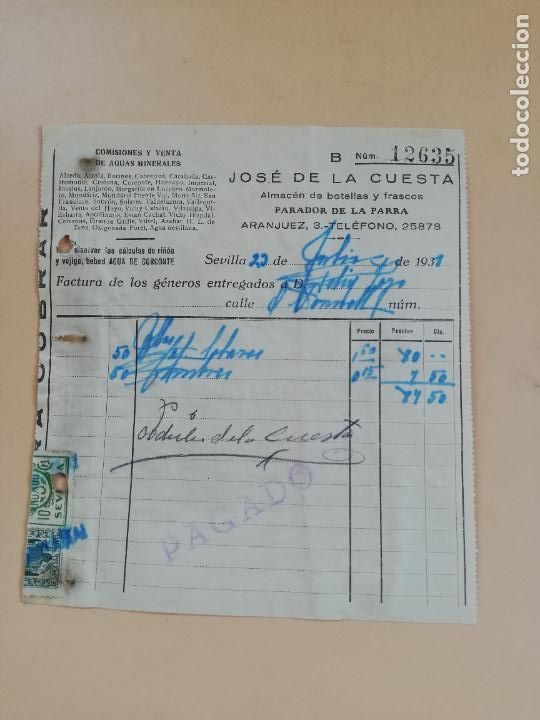 Facturas antiguas: FACTURA. ALMACEN DE BOTELLAS Y FRASCOS. JOSE DE LA CUESTA. SEVILLA, 1938.