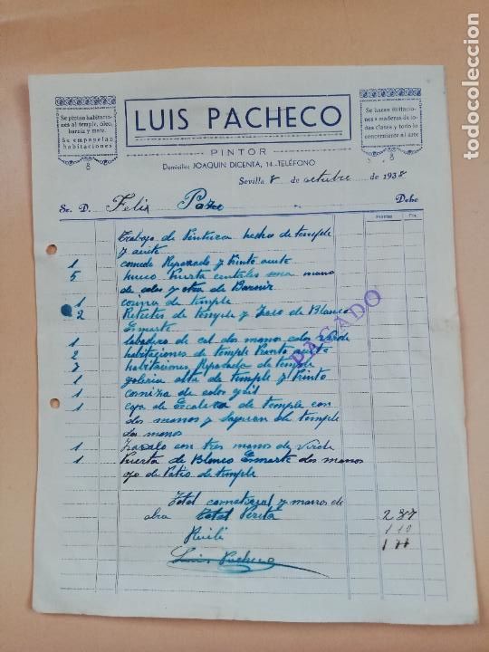 Facturas antiguas: FACTURA. PINTOR. LUIS PACHECO. SEVILLA, 1938.