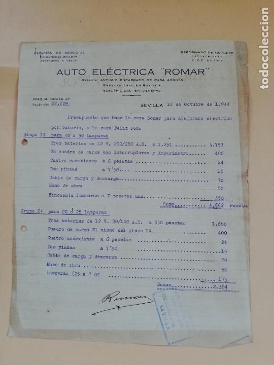 Facturas antiguas: FACTURA. AUTO ELECTRICA ROMAR. SEVILLA, 1944.