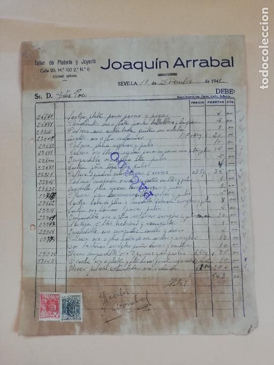 Facturas antiguas: FACTURA. TALLER DE PLATERIA Y JOYERIA. JOAQUIN ARRABAL. SEVILLA, 1942.