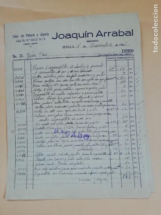 Facturas antiguas: FACTURA. TALLER DE PLATERIA Y JOYERIA. JOAQUIN ARRABAL. SEVILLA, 1941. 2 HOJAS.