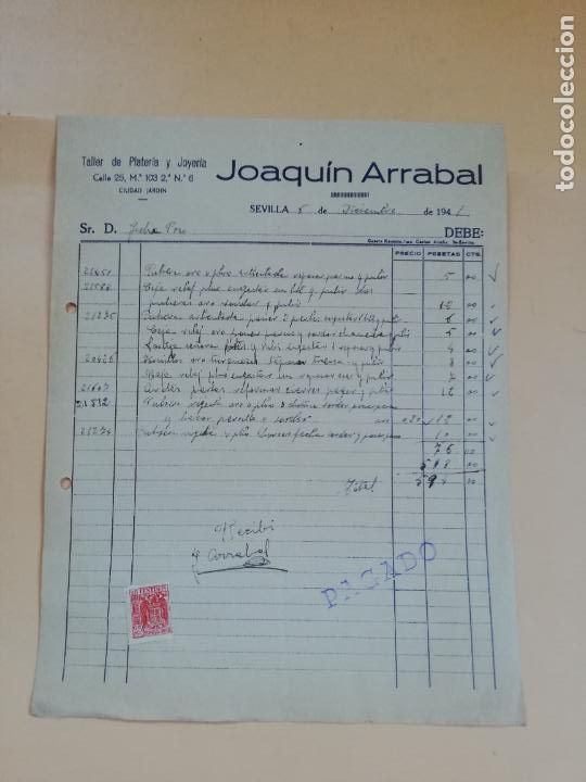 Facturas antiguas: FACTURA. TALLER DE PLATERIA Y JOYERIA. JOAQUIN ARRABAL. SEVILLA, 1941.