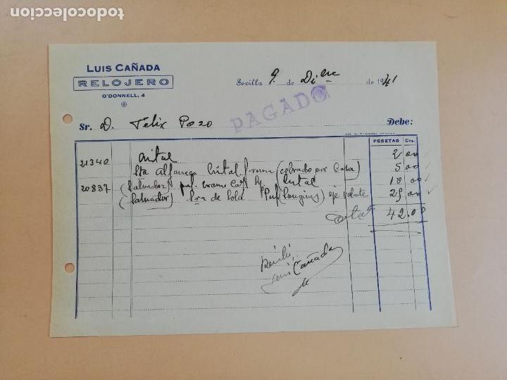 Facturas antiguas: FACTURA. RELOJERO. LUIS CA&Ntilde;ADA. SEVILLA, 1941.