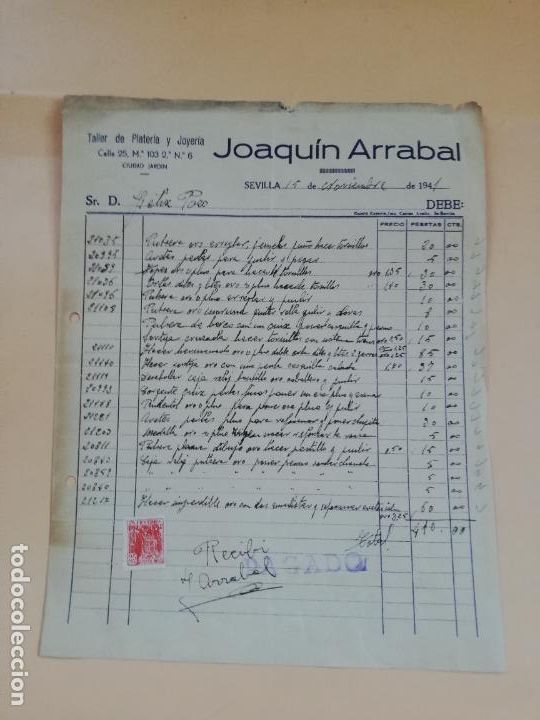 Facturas antiguas: FACTURA. TALLER DE PLATERIA Y JOYERIA. JOAQUIN ARRABAL. SEVILLA, 1941.