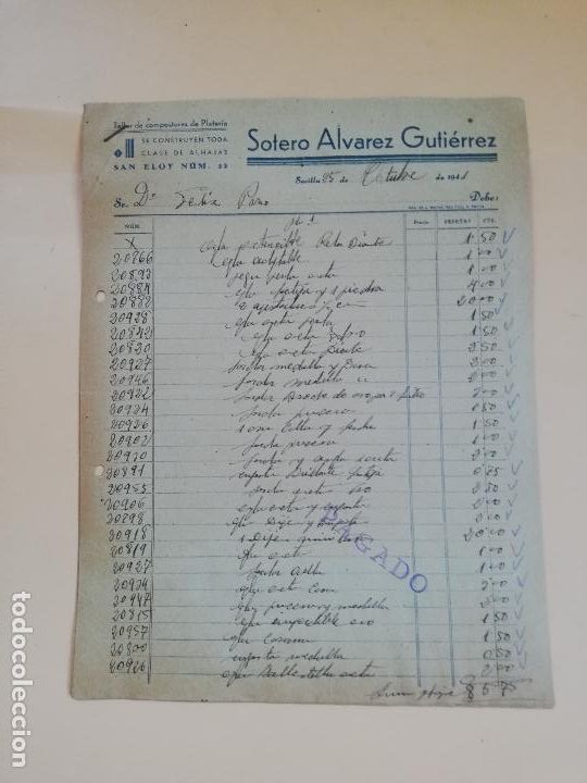 Facturas antiguas: FACTURA. TALLER DE PLATERIA Y JOYERIA. JOAQUIN ARRABAL. SEVILLA, 1941. 2 HOJAS.