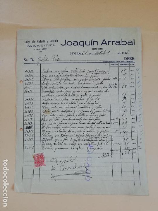 Facturas antiguas: FACTURA. TALLER DE PLATERIA Y JOYERIA. JOAQUIN ARRABAL. SEVILLA, 1941.