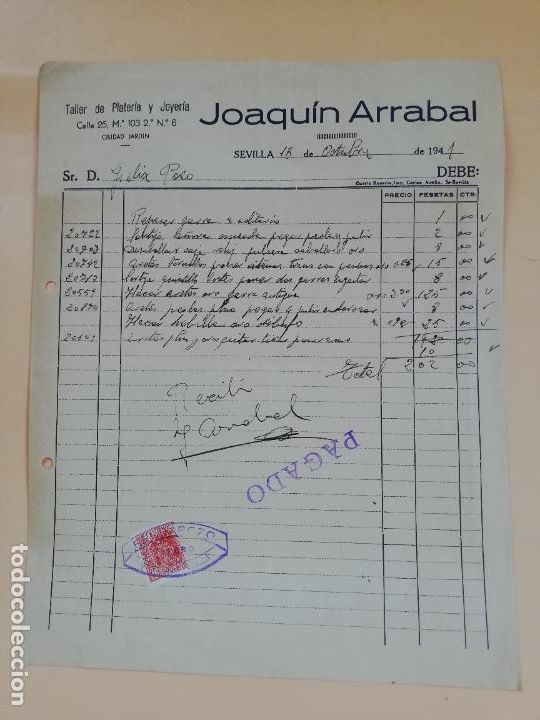 Facturas antiguas: FACTURA. TALLER DE PLATERIA Y JOYERIA. JOAQUIN ARRABAL. SEVILLA, 1941.