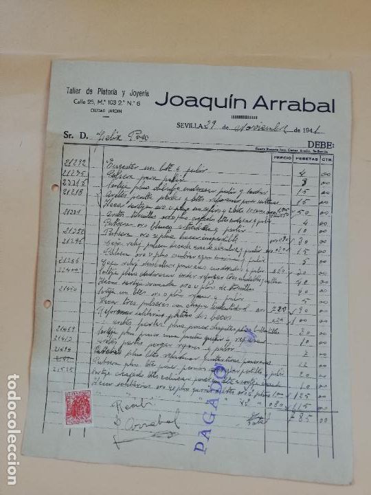 Facturas antiguas: FACTURA. TALLER DE PLATERIA Y JOYERIA. JOAQUIN ARRABAL. SEVILLA, 1941.